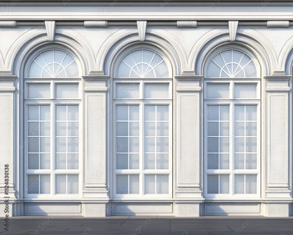 Fototapeta premium Elegant white building facade with arched windows.