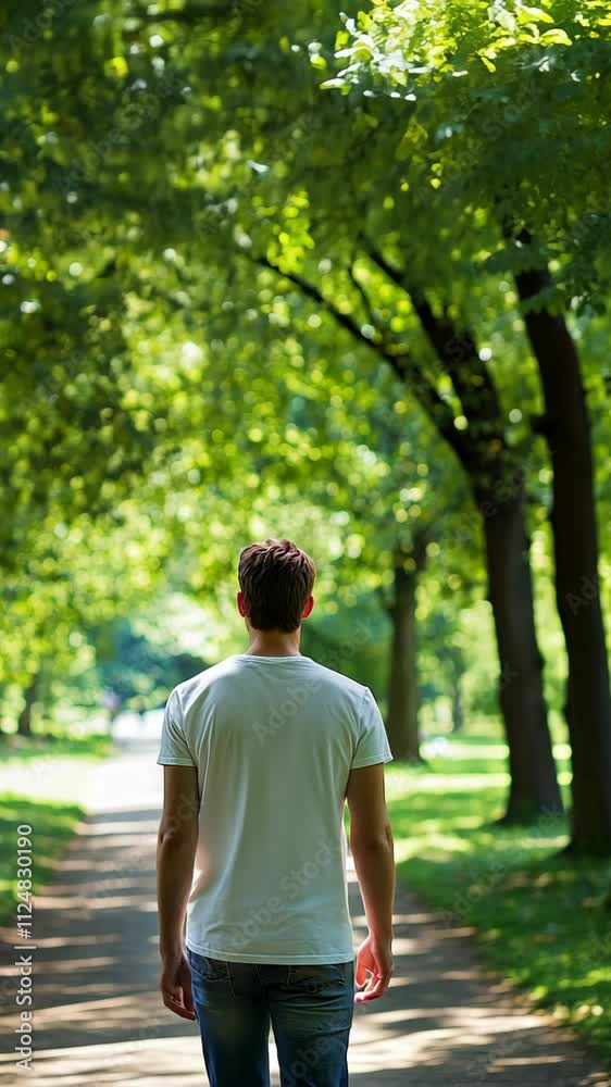 Young man walks through a lush park pathway lined with trees on a sunny day in summer Young man walks through a lush park pathway lined with trees on a sunny day in summer