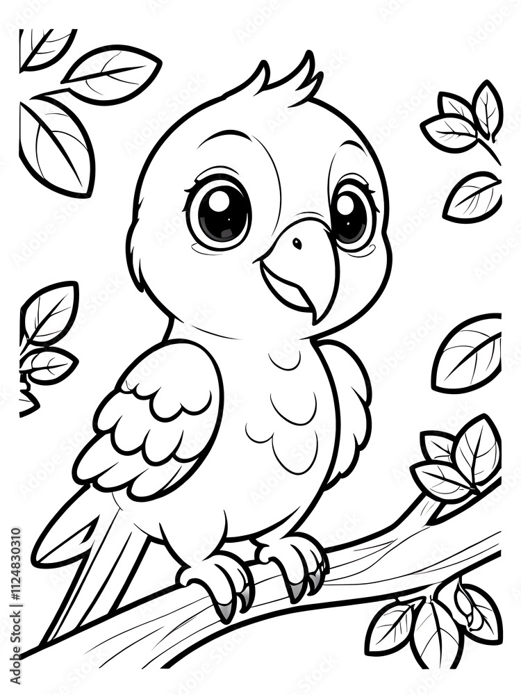 Fototapeta premium Adorable Little Parrot on Branch Coloring Page