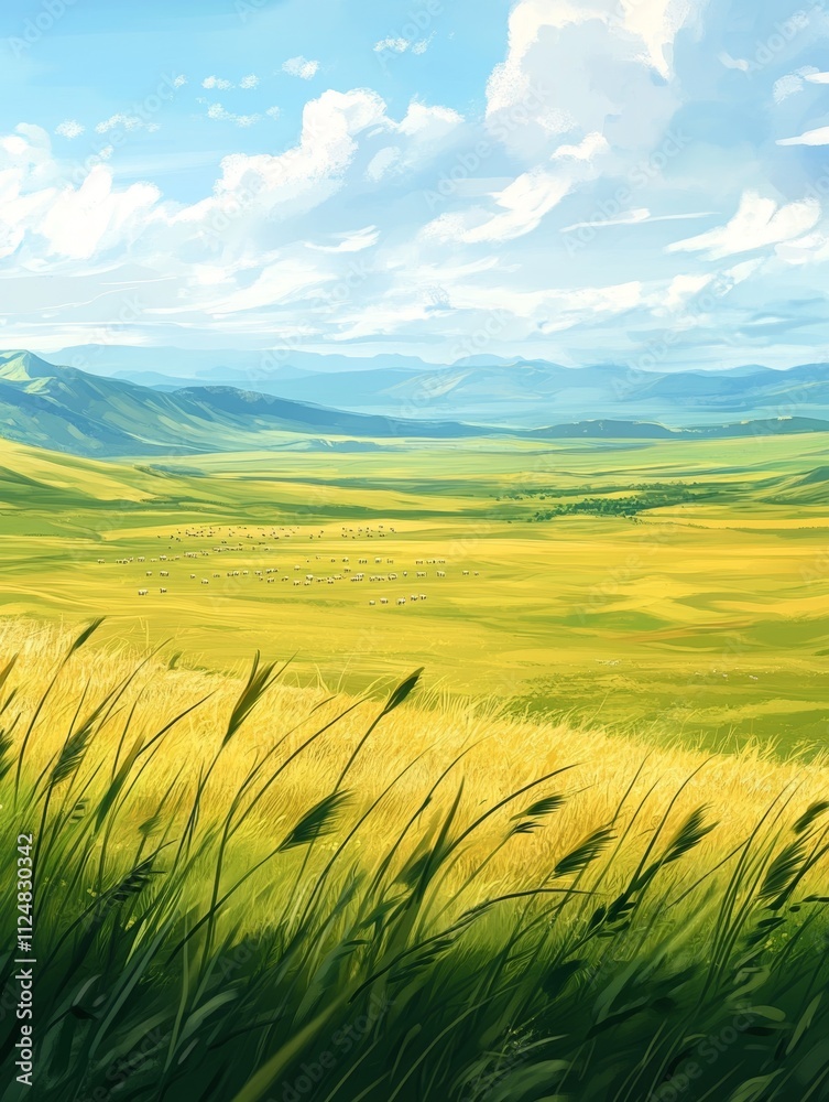Fototapeta premium Expansive green fields under a bright blue sky.