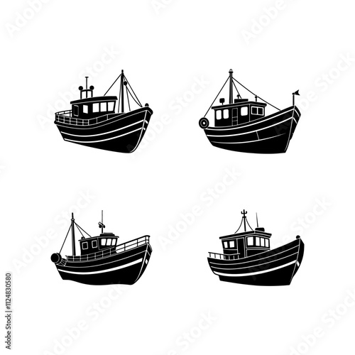 Set of Fishing vessel boats silhouette, black and white silhouette, vector and illustration