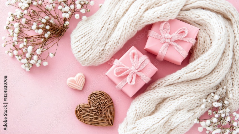 Fototapeta premium Flat lay of pink gift boxes with bows, a white scarf, rattan hearts, and gypsophila flowers on a pastel pink background with empty space