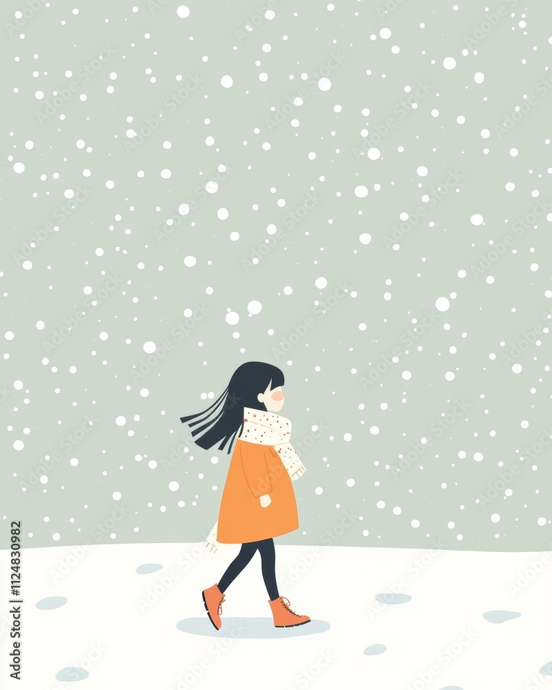 Girl walking in snow during winter atmosphere
