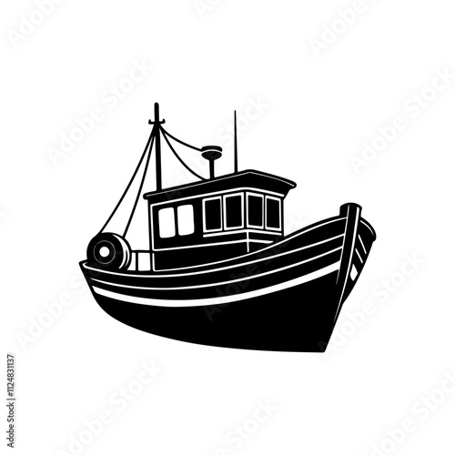 Fishing vessel boats silhouette, black and white silhouette, vector and illustration