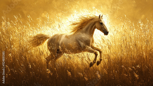 majestic white horse gallops through golden meadow, surrounded by tall grasses swaying in warm sunlight, creating serene and enchanting atmosphere