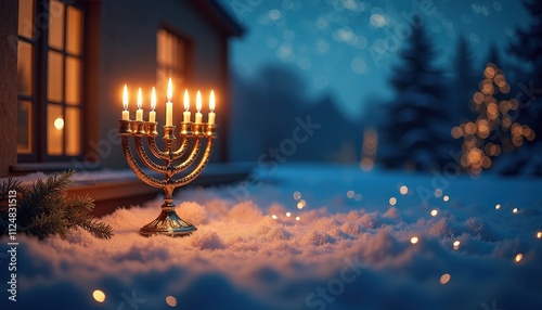 Starry Night Hanukkah Scene with a Whimsical Glow from the Menorah. photo