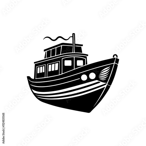 Fishing vessel boats silhouette, black and white silhouette, vector and illustration