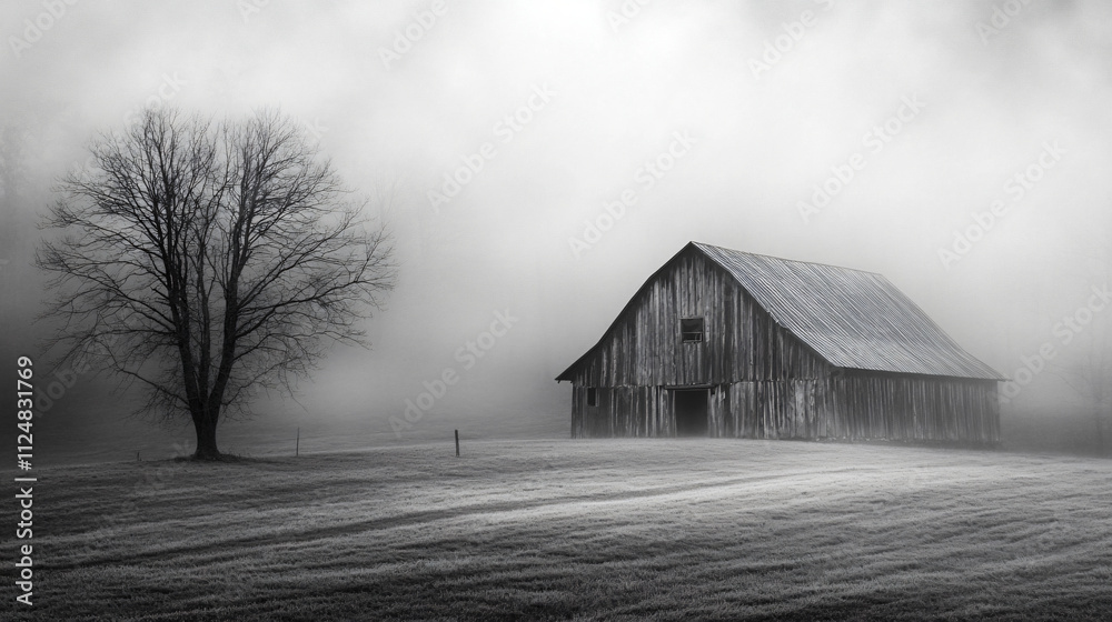An old barn barely visible in the thick morning fog. An old barn barely visible in the thick morning fog.