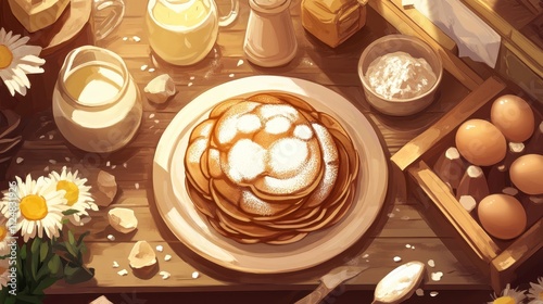 Delicious Pancakes with Milk and Eggs on a Wooden Table photo