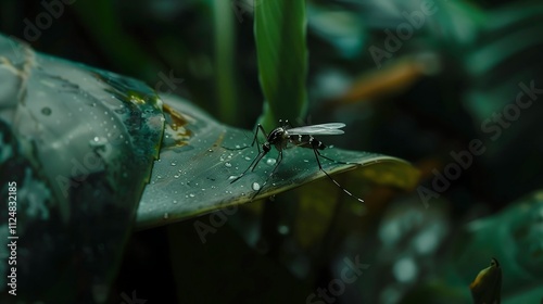 Close-up of mosquito resting on leaf in tropical forest, emphasizing its role in transmitting viruses, shallow depth of field.