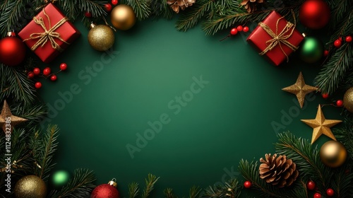 Top view of gift boxes with green and red baubles, gold star ornaments, and fir branches on a green background with space in the center