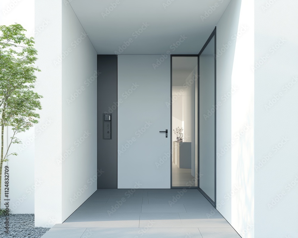 Modern entrance with sleek design and greenery. Modern entrance with sleek design and greenery.