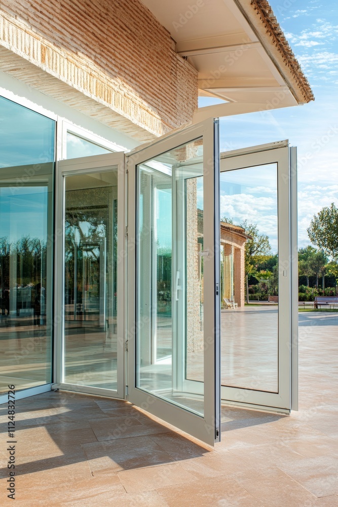 Fototapeta premium Modern glass door opens to a bright environment.