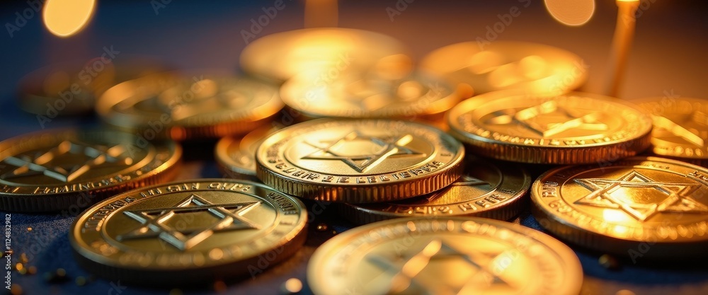 Gleaming Gelt Coins Arranged in a Festive Display for Hanukkah. Gleaming Gelt Coins Arranged in a Festive Display for Hanukkah.