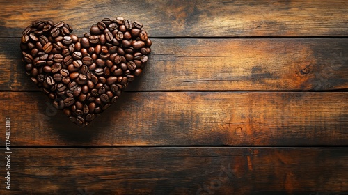 cup coffee beans wooden  earthy. Heart-shaped coffee beans on a rustic wooden background, symbolizing love for coffee and warmth.
