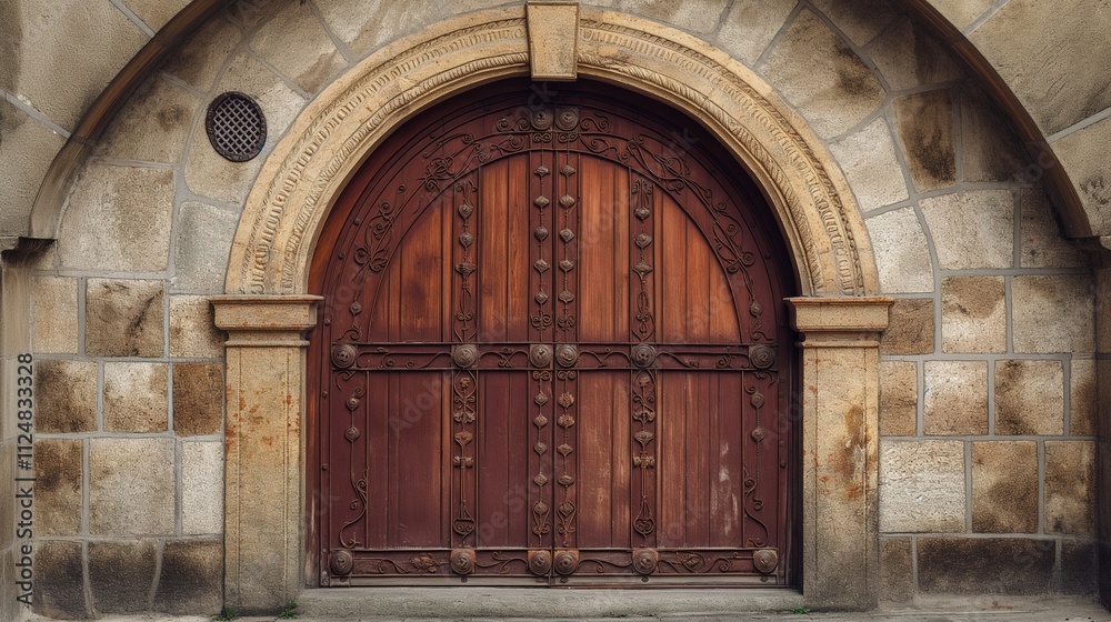 An antique arched door with a heavy wooden frame, adorned with intricate ironwork. An antique arched door with a heavy wooden frame, adorned with intricate ironwork.