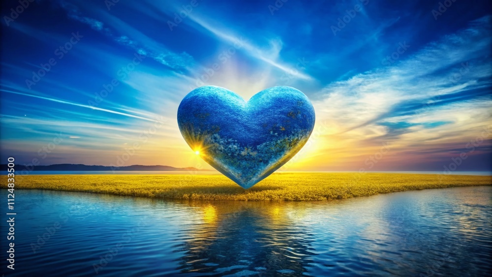 Fototapeta premium Captivating Blue and Yellow Heart Shape on a Beautiful Blue Background, Ideal for Romantic Themes and Creative Projects