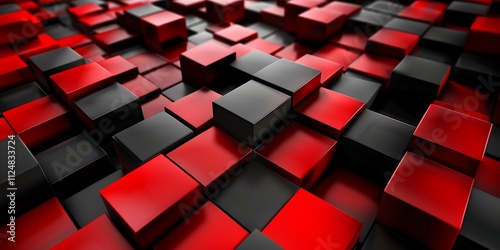 Abstract background of red and black cubes in a random pattern.
