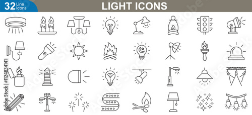 Light outline icons set. Sun, light bulb, candle, lantern, flashlight, firefly, spotlight and more. vector illustration.
