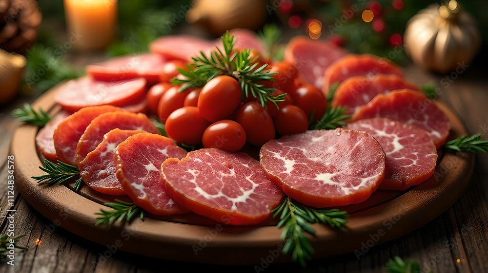 Meat platter garnished with an assortment of dried meats, appetizer, meat platter Meat platter garnished with an assortment of dried meats, appetizer, meat platter