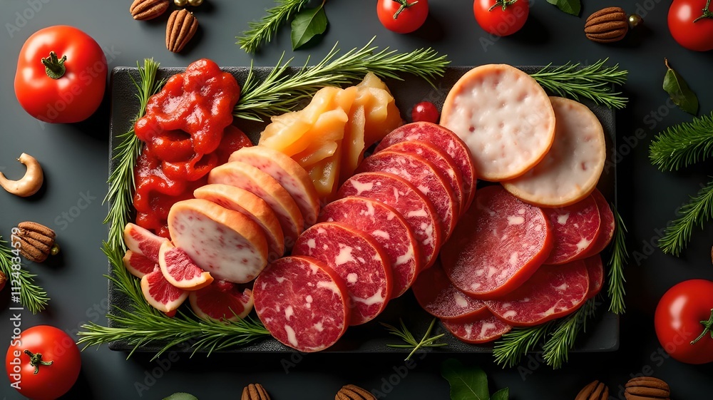 Meat platter garnished with an assortment of dried meats, appetizer, meat platter Meat platter garnished with an assortment of dried meats, appetizer, meat platter