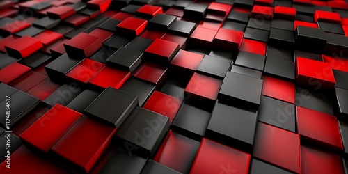 Abstract background of red and black cubes in a random pattern.
