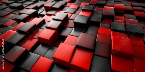 Abstract background of red and black cubes in a random pattern.
