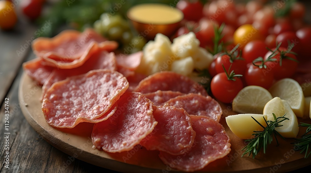 Meat platter garnished with an assortment of dried meats, appetizer, meat platter Meat platter garnished with an assortment of dried meats, appetizer, meat platter