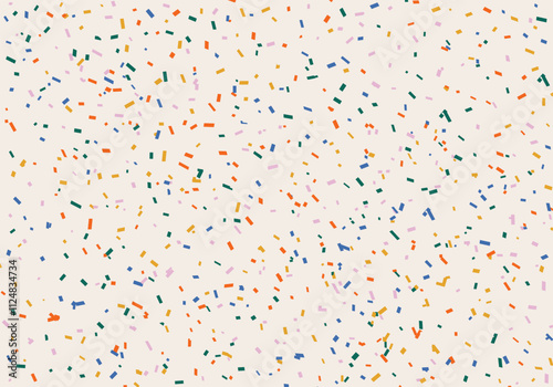 Fun colorful falling decorative confetti pattern. Festive childish background in doodle style
