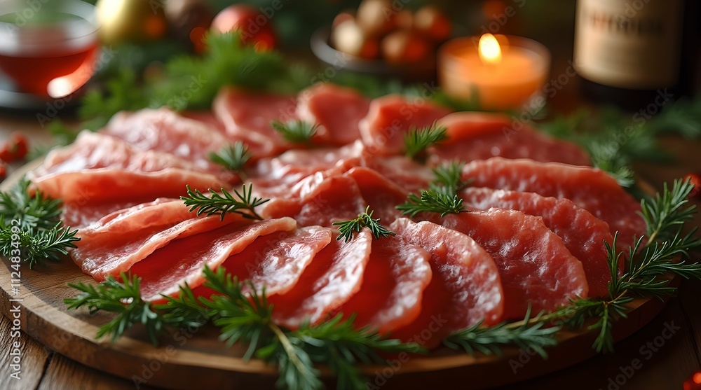 Meat platter garnished with an assortment of dried meats, appetizer, meat platter Meat platter garnished with an assortment of dried meats, appetizer, meat platter