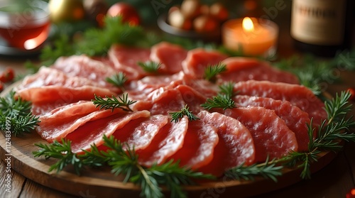 Meat platter garnished with an assortment of dried meats, appetizer, meat platter