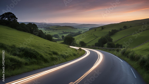 A sinuous country road snakes through the picturesque British countryside, highlighted by the bright trail of headlights