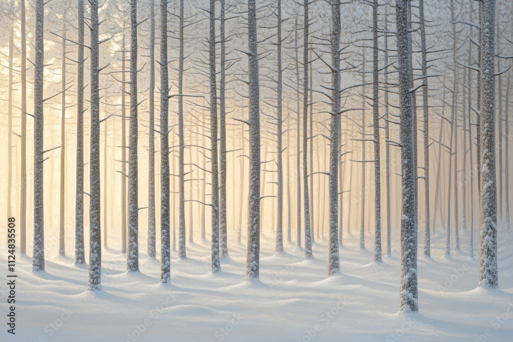 Serene winter forest with snow-covered trees. Serene winter forest with snow-covered trees.