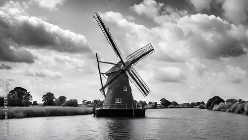 A striking black and white landscape showcasing windmills in the Norfolk Broads