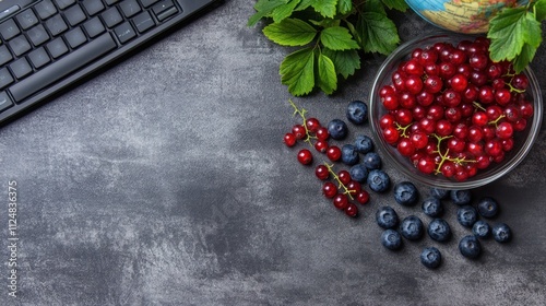 Red currants and blueberries on a gray surface near keyboard and globe.