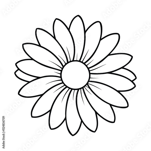 Black and white outline illustration of a daisy flower