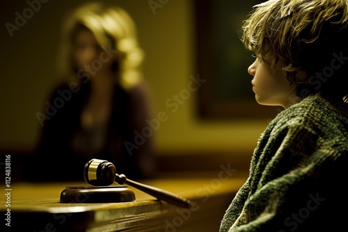 A close-up view of a judge's mallet, with a child out of focus behind it, highlighting the idea of child custody. photo