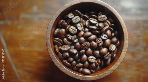 cup coffee beans wooden earthy. A close-up view of roasted coffee beans displayed in a wooden bowl on a wooden surface, showcasing their rich color and texture.