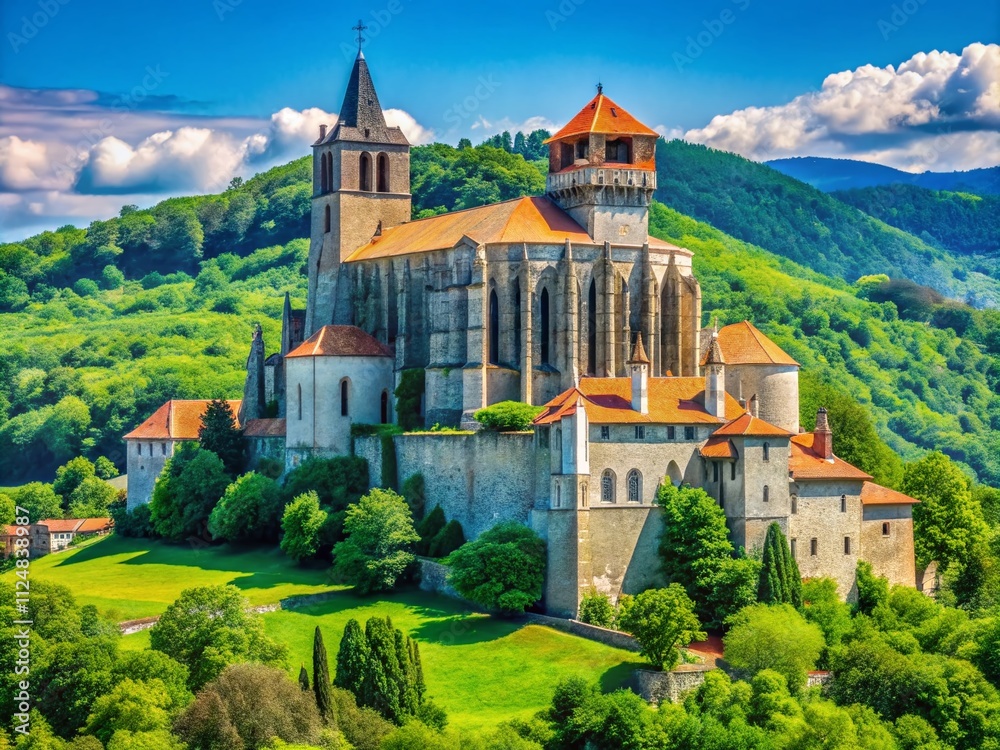 Captivating Candid Photography of Saint Bertrand de Comminges Cathedral Showcasing Its Majestic Architecture and Surrounding Scenery in Daylight with Lush Greenery and Blue Sky Captivating Candid Photography of Saint Bertrand de Comminges Cathedral Showcasing Its Majestic Architecture and Surrounding Scenery in Daylight with Lush Greenery and Blue Sky