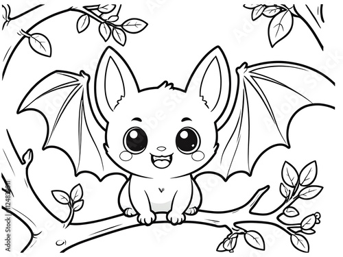 Adorable Bat Coloring Page: A Cute Cartoon Bat Perched on a Branch