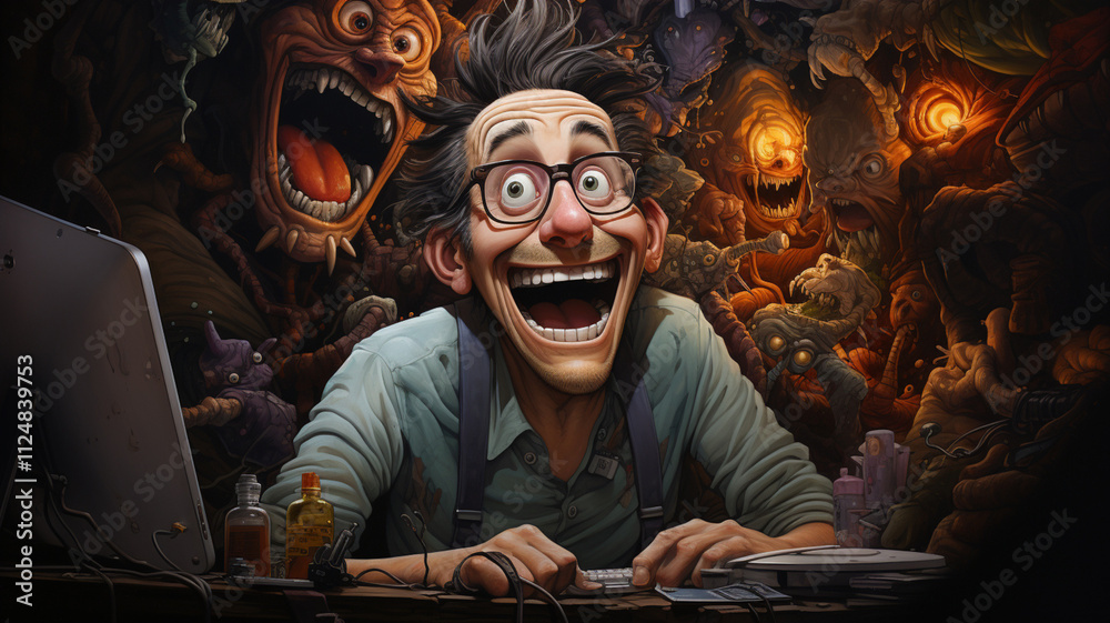 programmer working at a computer, chaos around, cartoon style, watercolor.