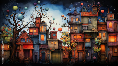 picture with bright colored multi-story houses, cartoon style, watercolor,.  