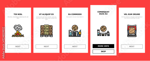 wood pellets timber plywood onboarding mobile vector chip granule, energy fuel, tree panel, biomass pulp, alternative paper, cardboard wood pellets timber plywood illustrations