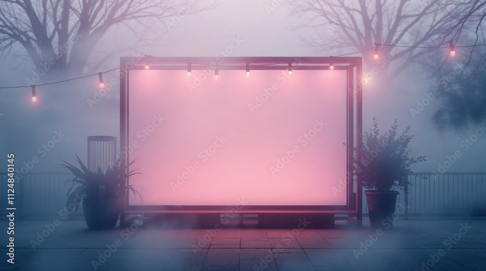 Pink glowing billboard in foggy outdoor setting. Pink glowing billboard in foggy outdoor setting.