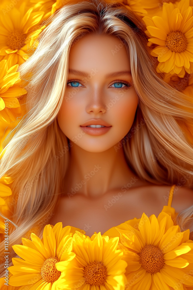 A woman with blonde hair is surrounded by yellow flowers. Concept of beauty and femininity, as the woman is the focal point of the scene A woman with blonde hair is surrounded by yellow flowers. Concept of beauty and femininity, as the woman is the focal point of the scene