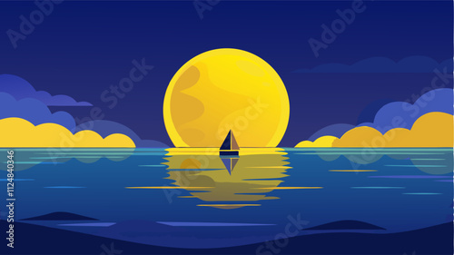 Beatiful night at sea with big yellow moon, beatiful landscape island, wallpaper background or design