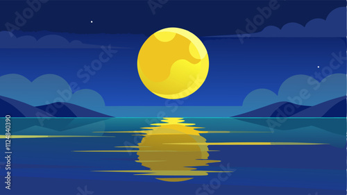 Beatiful night at sea with big yellow moon, beatiful landscape island, wallpaper background or design
