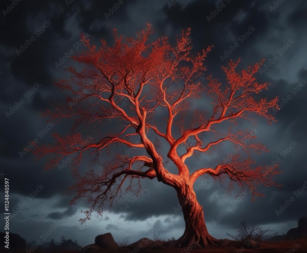 Obraz premium A fiery tree with glowing red bark and branches that seem to be ablaze against a dark and stormy night sky, intense storm, blazing branches, dark landscape