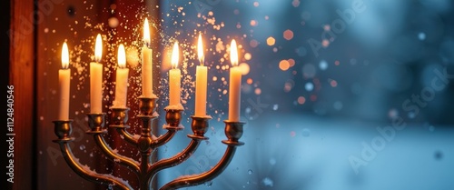 Brightly Lit Hanukkah Candles Reflecting Warmly Through a Frosted Window.
