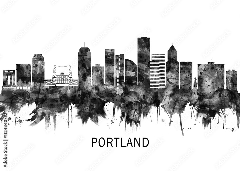 Portland Oregon Skyline BW, abstract painting travel poster urban landscape modern art downtown skyline illustration landmarks skyscrapers artwork architecture
